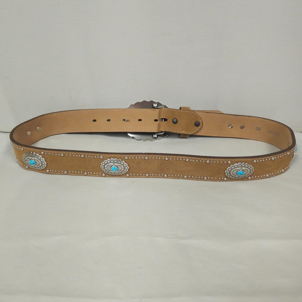 Tony Lama Western Concho Belt Size 36 Brown Suede Studded Faux Turquoise Silver - Picture 4 of 8